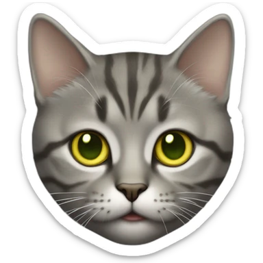 american short hair cat- tabby- a little bit fat- green yellow eyes- the distances between eyes is a little bit far- gray hair fluffy sticker
