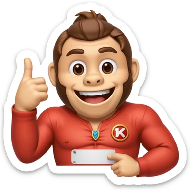 Can you create a humorous donkey kong emoji that sarcasticly points to an extra large role tag of "CTO" pinned on the chest of donkey kong.
should look excessively proud with broad smile sticker