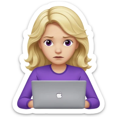 lady with long blonde wavy hair, purple top throwing her with a laptop looking defeated sticker