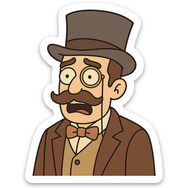 Make the man with mustache, top hat, and monocle look shocked, in flat toon style, with no background. sticker