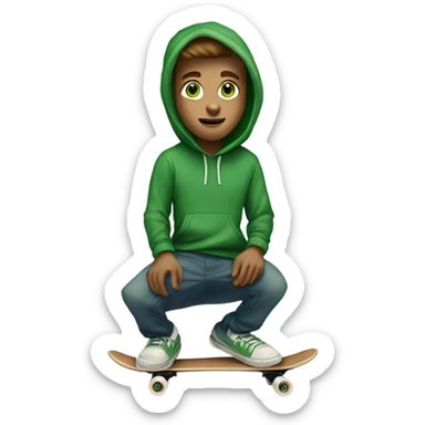 white frat boy with green eyes and brown hear wearing a green hoodie and riding skateboard sticker