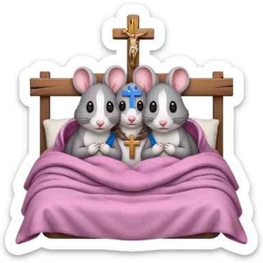2 rats cuddled together in bed with a crucifix sticker
