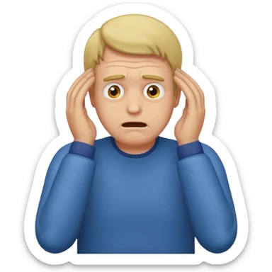 A white man sits at his desk, clutching his head in his hands. sticker