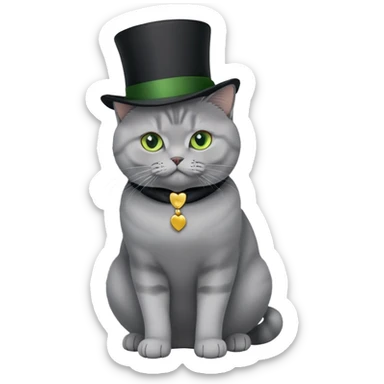 gray British Shorthair cat full body sitting with a black top hat and green eyes sticker