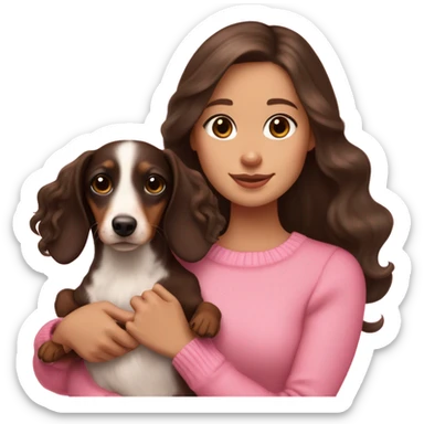  white girl with dark brown long wavy hair in a pink sweater holds a dark brown and cream dachshund long-haired puppy in her arms sticker