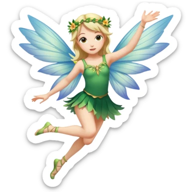 A winged flower fairy girl, wearing a short skirt, one leg straight and the other bent, her body tilted, in a flying pose. sticker