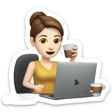 woman with pale skin and brown hair behind a computer juggling with coffee cups sticker