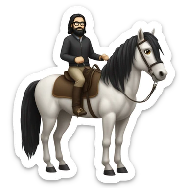 White guy with long black hair and black beard and glasses riding a horse sticker