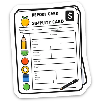 playful report card, bold lines, iOS-like simplicity sticker