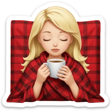 Blonde girl inside a blanket sipping coffee eyes closed sticker