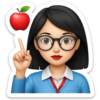 Guatemalan Girl with Black hair and Nerdy Glasses sticking up pointer finger, holding an apple sticker