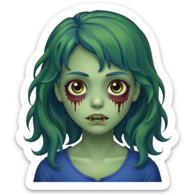 faça uma menina zumbi verde bonita com um cabelo ondulado, olhos castanhos-avermelhados e que metade da franja seja azul escuro e o a outra metade e resto do cabelo sejam castanho escuros sticker