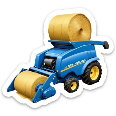 New Holland Roll-Belt 560 (2018) – Cinematic-realistic New Holland Roll-Belt 560 baler, its blue body steadily compressing golden hay into tight, round bales. The rhythmic motion of the machine continues as dust swirls in the afternoon heat, with rows of freshly cut grass stretching toward the horizon. sticker