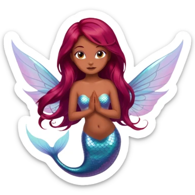 mermaid fairy hybrid with long flowy dyed red burgundy hair, medium brown skin tone, wings visible sticker