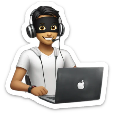 happy Indian teen gamer with headphones and black mask with apple computer in background sticker