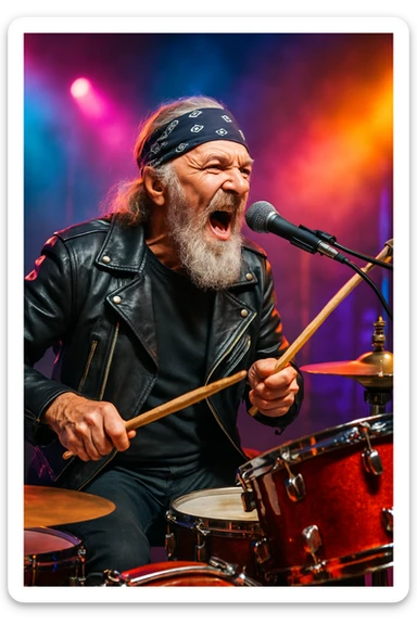 an elderly rock musician drummer singing with gray beard, bandana, leather jacket, playing drums, microphone, dynamic pose, colorful stage sticker