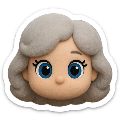 Make the hair slightly more voluminous and add cartoon-style eyes, keep soft fleece texture, pure silver grey hair, 1940s bob, cute plush-style eyelashes, vibrant blue eyes, no neck, no body, no mouth, no white border, transparent background. The style should be soft fleece texture with a cute plush look. sticker
