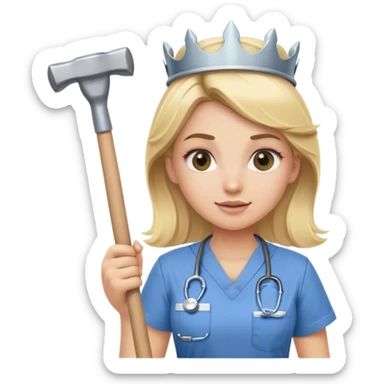 blond nurse girl wearing scrubs with a crown and a sledge hammer sticker