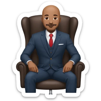 Black man, bald, in a suit, sitting on a chair in the office, goatee mustache sticker