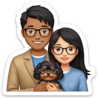 “An Asian girl with long, wavy black hair (loose, no hair tie) next to her smiling boyfriend—a brown-skinned man with a middle part hair cut and glasses. Together, they’re holding a small Yorkshire Terrier sticker