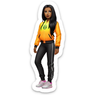 Tanned woman with long black hair, dressed in y2k  hair, makeup, and neon velvet tracksuit attire sticker