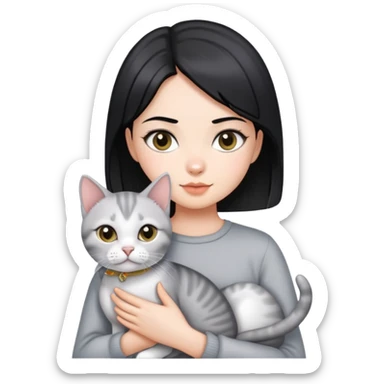 A girl with black straight hair holding a silver colour English shorthair cat sticker