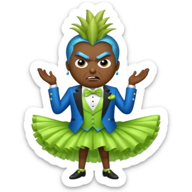 Angry blue banana fruit wearing a sparkly lime green tuxedo and tutu sticker