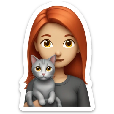 Girl with red hair (like cherry color) with her gray cat sticker