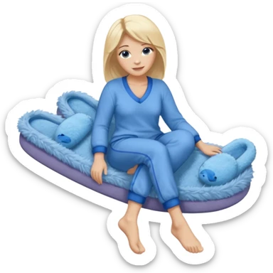 blonde woman wearing comfy lounging outfit, blue fuzzy slippers on her bare feet sticker