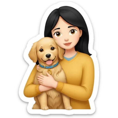 A black-haired, fair-skinned woman hugs a golden retriever. sticker