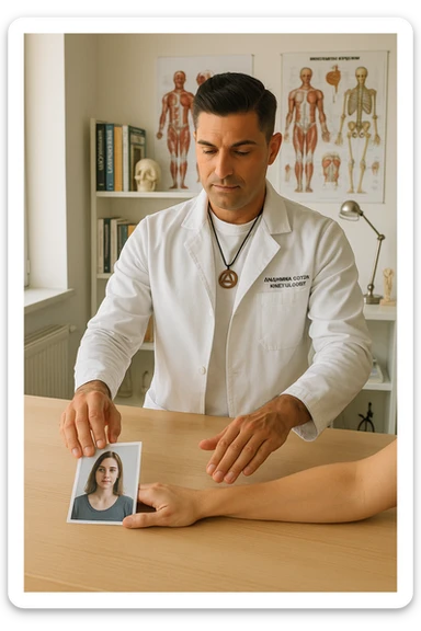 a middle-aged man, dressed in casual professional attire, is in a bright, organized therapy studio. Durante una visita di kinesiologia, il praticante tiene con una mano la foto di una persona lontana (il “testimone”) appoggiata su un tavolo, mentre con l’altra mano esegue un test muscolare su un cliente presente. Sullo sfondo si vedono libri di kinesiologia, poster anatomici e strumenti tipici della disciplina. L’atmosfera è concentrata e serena, con luce naturale che entra dalla finestra, sottolineando l’aspetto alternativo e umano della pratica. sticker