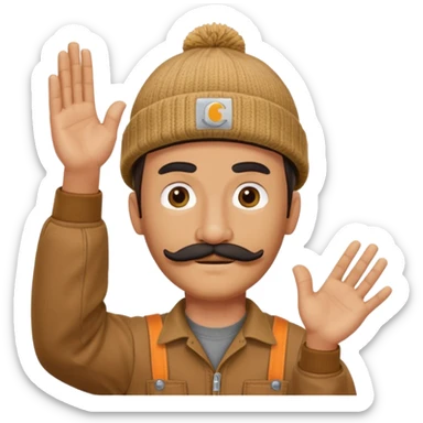 Woodworker thick straight mustache knit cap Carhartt shirt, one hand raised above head small eyes sticker