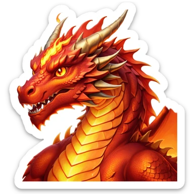 cinematic-noble-fierce-fire-dragon-portrait-emoji,-poised-and-imposing,-with-a-muscular,-scaled-body-ablaze-in-fiery-hues-of-crimson,-molten-orange,-and-molten-gold,-and-intense,-burning-eyes-that-mirror-the-heart-of-a-volcano;-rendered in detail sticker