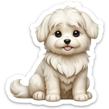 detailed-[wavy haired maltese-dog]-realistic-full-body-sitting-emoji,-tail-resting-loosely-beside-its-paws,-head-tilted-dramatically,--wavy-[cream-white]-fur,-simplified-yet-realistic-focused-features,-highly-detailed,-glowing-with-an-almost-sarcastic sticker