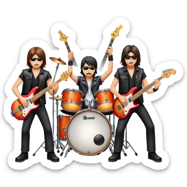 Icon for Metal Music: metal band on stage with 4 musicians playing electric guitars, bass, and drums. The atmosphere is intense, with flashing lights, smoke, and energetic stage presence. The vibe is powerful and electric. Transparent background. sticker