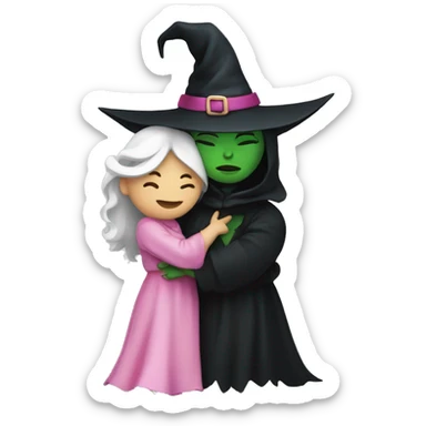 Witch dressed in black with green skin hugging pink dressed white witch sticker