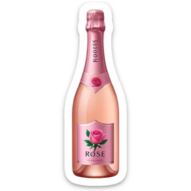 bottle of sparkling rosé with a rose logo on the label, angled to the left, no glass sticker