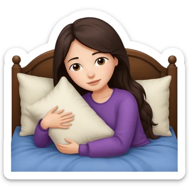 Mujer de pelo cafe oscuro y largo, y tez blanca. Ella esta en su cama abrazando su almohada porque ya se va a dormir sticker
