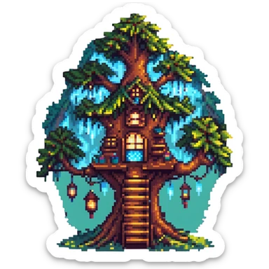 magical treehouse with glowing lights and whimsical details, pixel art style sticker
