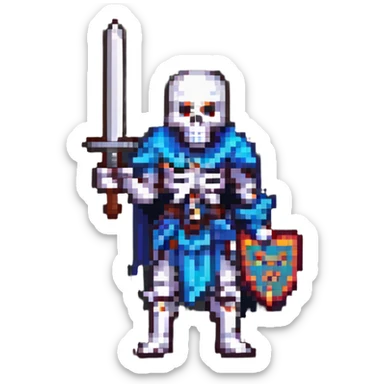 pixel art skeleton warrior wielding a sword, 8-bit style sticker