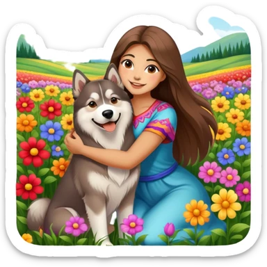A beautiful girl with long straight hair happily hugs an Alaskan dog in the flowers sticker