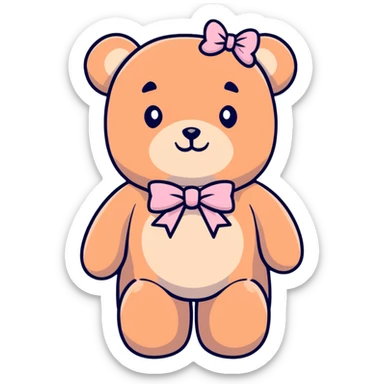 Stuffed teddy bear with light pink ribbon tied in a bow around its neck sticker