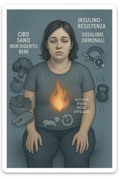 Donna tra i 25 e i 35 anni con fisico leggermente gonfio e postura affaticata, seduta con sguardo stanco. In trasparenza sul suo corpo, si vedono elementi simbolici: una fiamma metabolica molto piccola nel centro dell’addome, una tartaruga accanto a un simbolo di orologio rallentato, indicatori visivi di insulino-resistenza e squilibri ormonali. Intorno a lei: cibo sano non digerito bene, attività fisica poco efficace. Colori spenti attorno al corpo, con toni freddi e lentezza visiva. Stile realistico con elementi infografici e simbolici integrati IN ITALIANO sticker