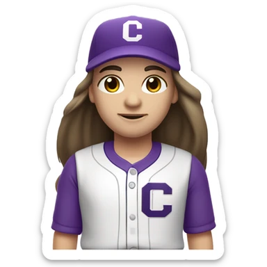 baseball card character. Brunette long straight hair. letter C logo. Purple and white uniform. sticker