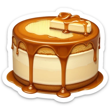 a slice of cheesecake. The base is made of light brown biscuit; the first layer of filling is caramelized dulce de leche, and the upper layer is creamy, light beige, and has a smooth texture. On top, there is a caramelized dulce de leche topping dripping down the center of the slice sticker