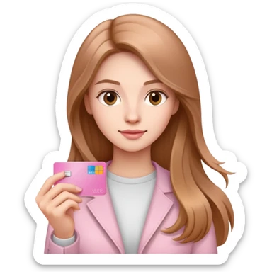 Femme au cheveux long et châtain qui tient une carte bancaire rose clair  sticker