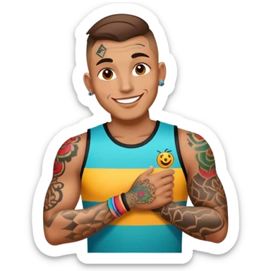 man with bold face tattoos, happy face, wearing a colorful jersey sticker