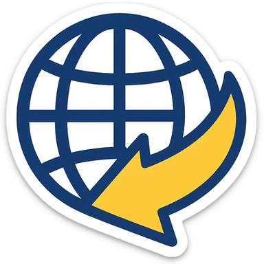 Reimagine the JDownloader icon in a minimalistic, flat blue style consistent with previous icons. Depict a simple blue globe with a bold yellow arrow wrapping around it, with the arrow as the main accent color. Use clean, simple lines and minimal use of other colors. Prioritize clarity, recognizability, and consistency with the other icons. Fully transparent background. sticker