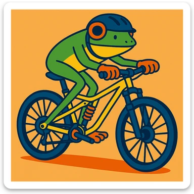 Add a helmet to the frog riding a full suspension mountain bike, keep the vibrant and playful style, preserve background. sticker