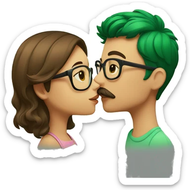 A boy with brown hair and a mustache is kissing a green haired girl wearing glasses sticker